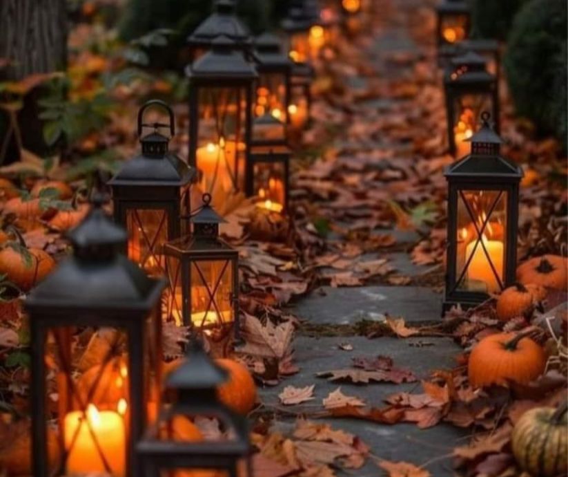 Sorgen Ängste loslassen, Herbstblätter mit Laternen